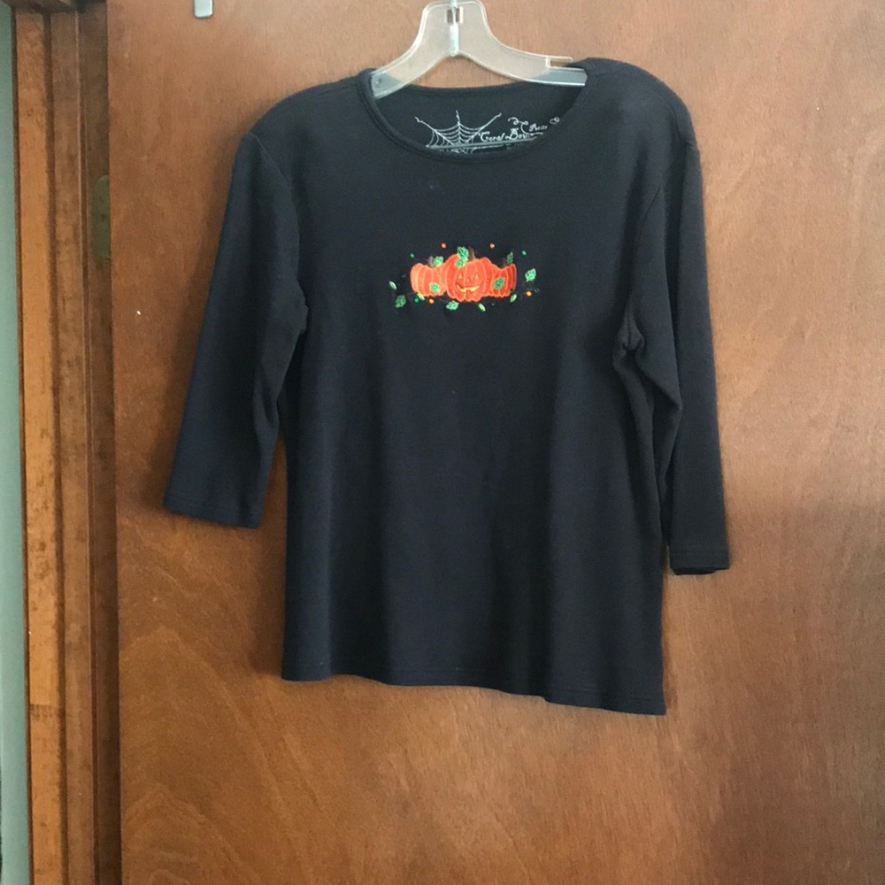 Coral Bay Black Long-Sleeve Top with Orange Pumpkin Embroidery